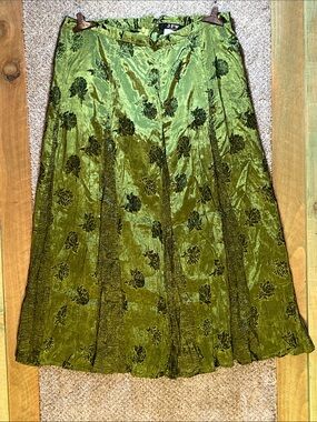 JFW Olive Green Floral A-Line Velvet Skirt
